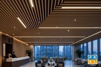 Cielo raso metálico alistonado SKYLINE con diseño moderno y control acústico de Deska