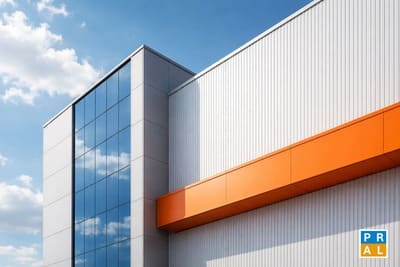 Fachada metálica continua Vertical Seam con sistema Standing Seam grafado de Deska